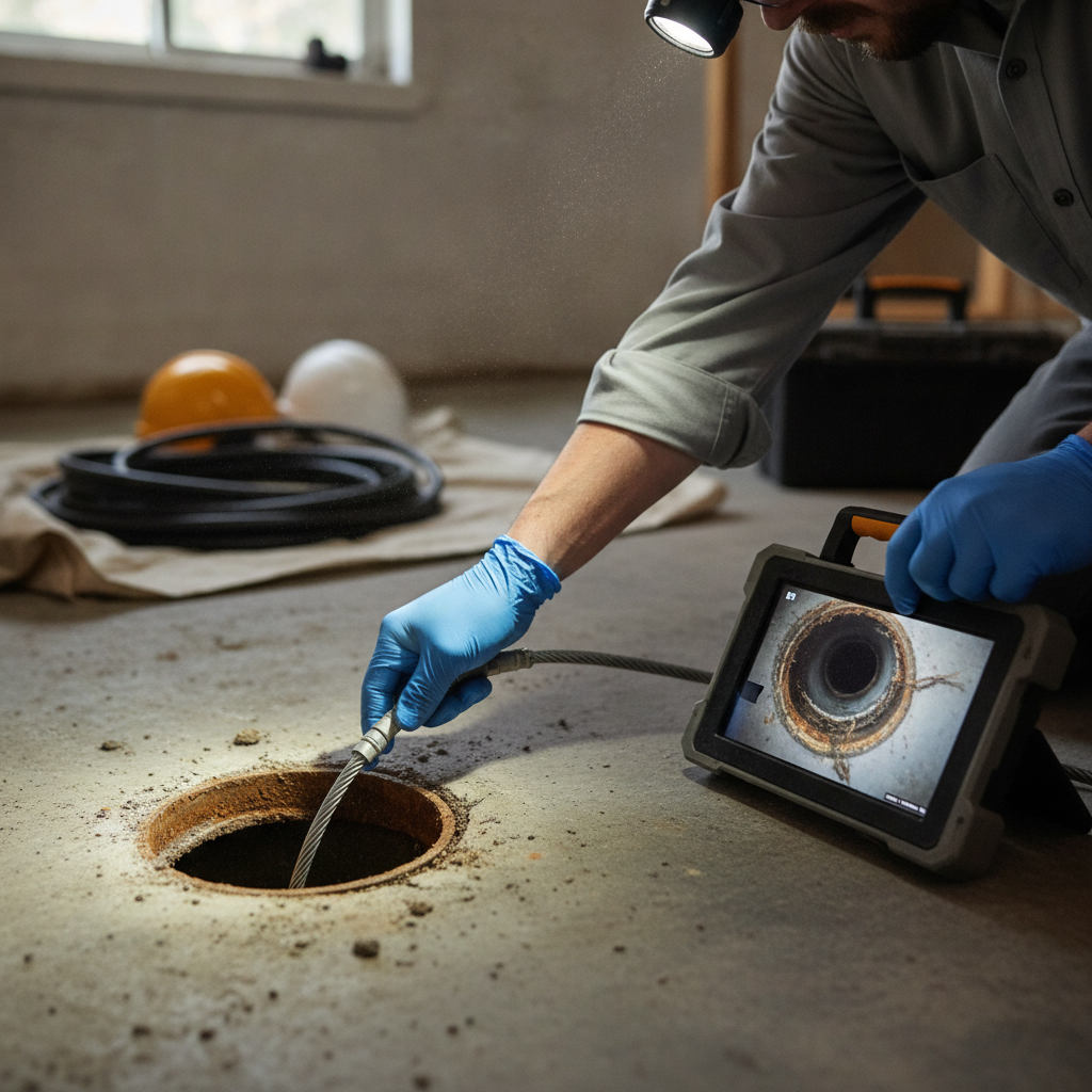 an inspector doing Sewer Scope Inspection, show the hand doing Sewer Scope Inspection
